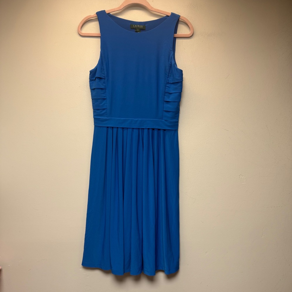 Lauren Ralph Lauren Dress Womens 4 Blue Excellent Sleeveless Pleated Jersey 9589